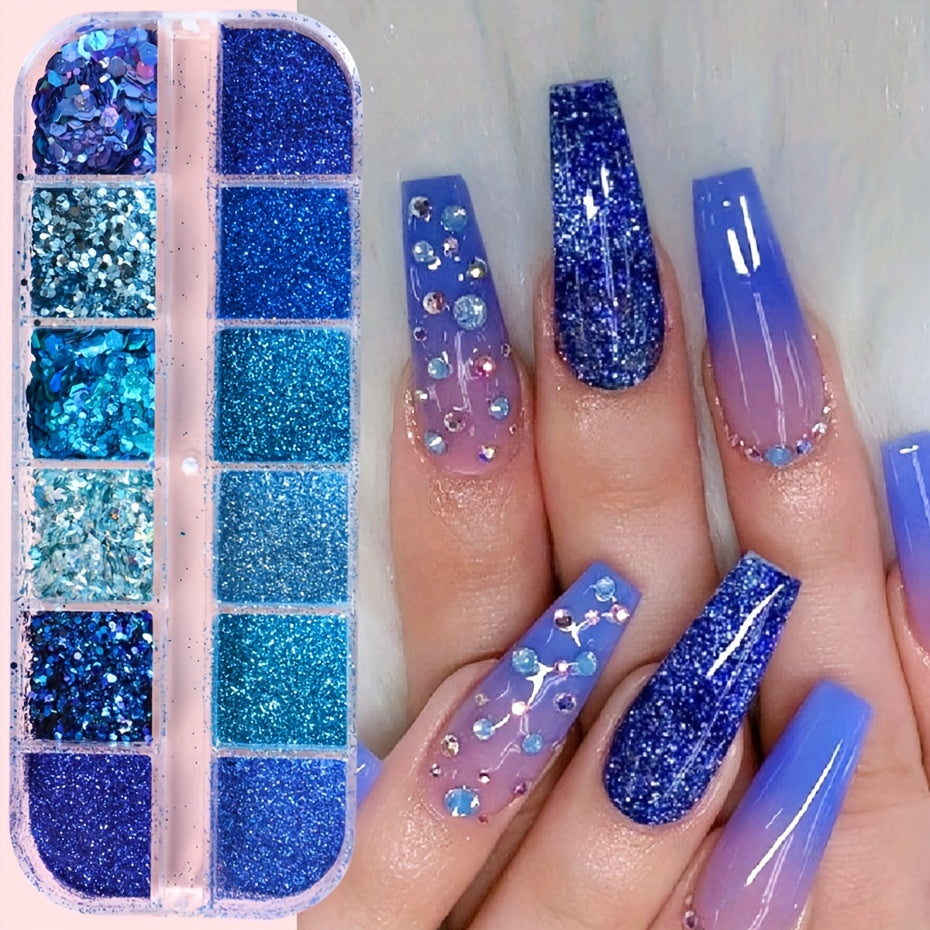 FULL BEAUTY Sparkly Blue Nail Glitter Set: 12 Grids of Shimmering Blue Sequins, Diamond Chrome, Fine Powder, Dust, Chunky Flakes, and Paillettes for DIY Manicure Decoration